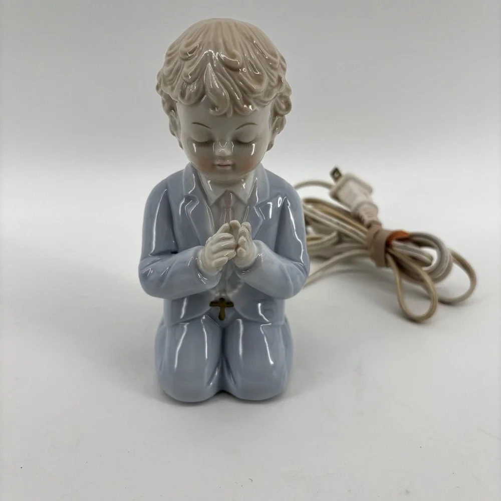 Vintage Nursery Night Light Bisque Porcelain Lamp Boy Praying Rosary